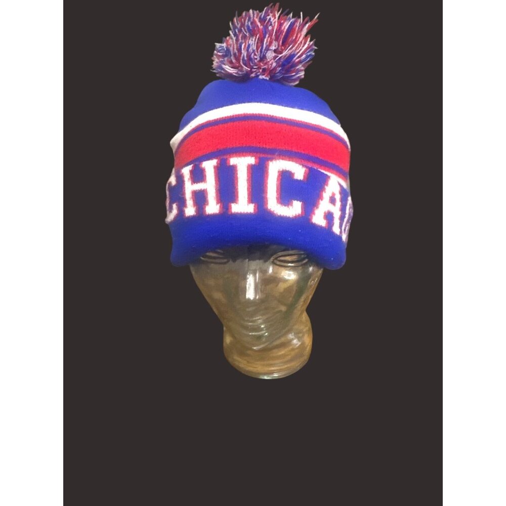 Chicago Cubs Knit Beanie Hat‎ With Pom Blue/Red Striped Design Warm Winter Adult